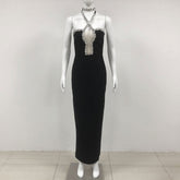 Exquisite Rhinestone Halter Slim Fit Bandage Split Dress Socialite Dinner Catwalk Dress